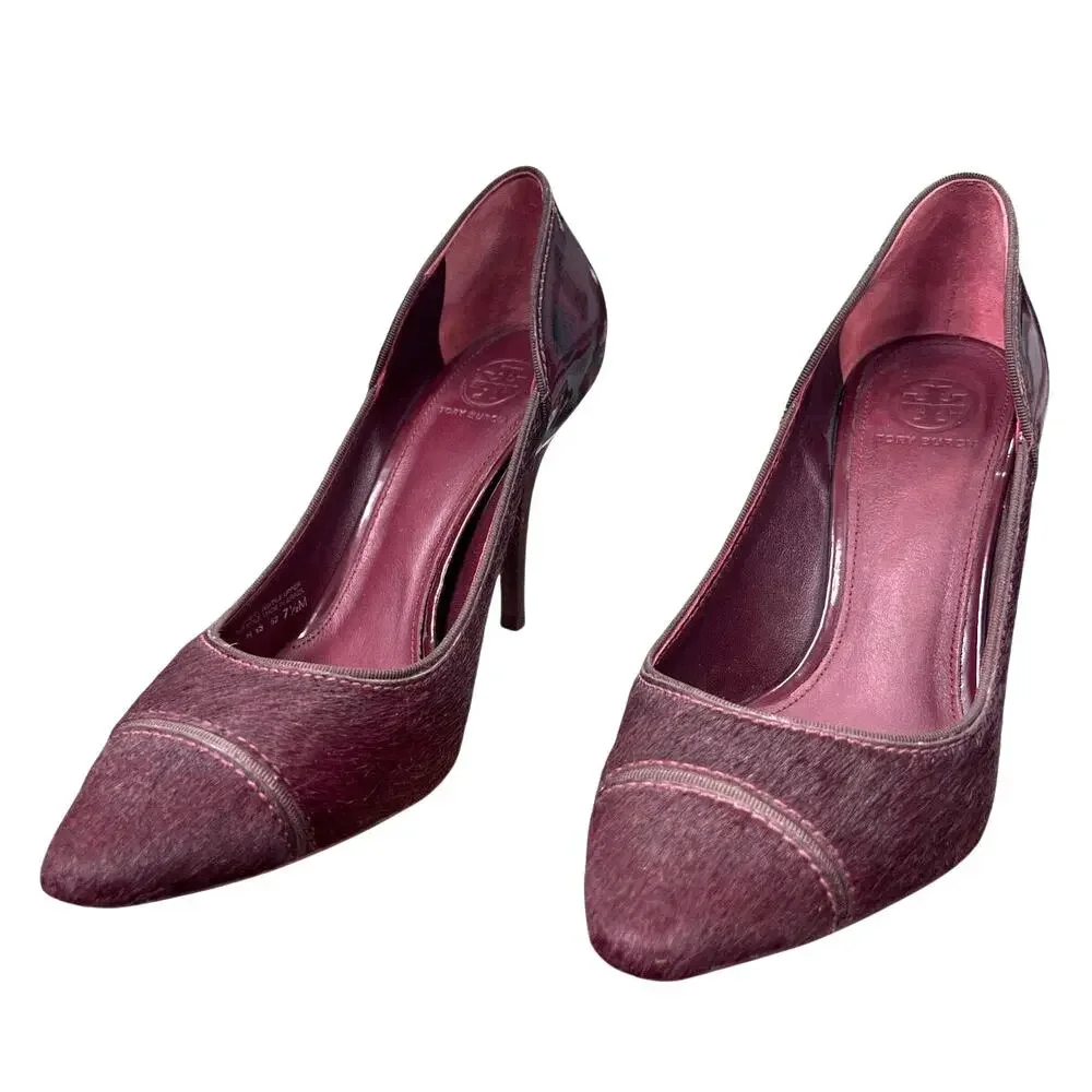 Tory Burch Women’s Bernice Oxblood Calf Hair Heels Size US 7